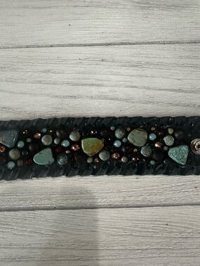 Handcrafted Black Leather Bracelet with Turquoise and Amber Beads